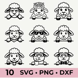 Pacchetto SVG di pecore divertenti - 10 simpatici file di taglio di animali da fattoria per Cricut e Silhouette / Clipart di agnello PNG DXF / Download immediato per uso commerciale