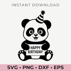 Gelukkige verjaardag Panda Svg digitale Download - schattige feestbeest Clipart voor Cricut Silhouette - Svg Png Dxf Eps-bestanden
