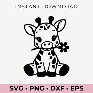Girafe mignonne avec fleur SVG | Clipart animaux de la jungle pour Cricut, créations artisanales pour baby shower, sublimation, téléchargement numérique