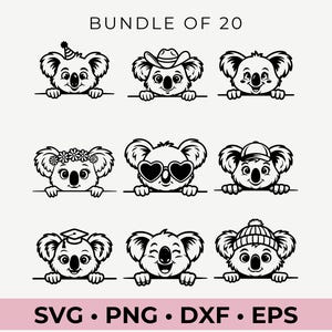 Spähender Koala, Koala-Svg, Koala-Svg-Bundle, süßer Koala mit | Sonnenbrille | Bogen | Blume| Weihnachten | Mütze