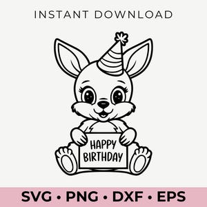 Joyeux anniversaire kangourou Svg en téléchargement - mignon fête des cliparts animal pour Cricut Silhouette - fichiers Svg Png Dxf Eps
