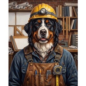 Könnte beinhalten: Ein Berner Sennenhund mit einem gelben Schutzhelm inklusive Stirnlampe, einem blauen Hemd und einer braunen Lederschürze mit Taschen, in denen ein Stift, ein Bleistift, ein Multitool und ein gelbes Maßband vor einer Ziegelwand stecken.