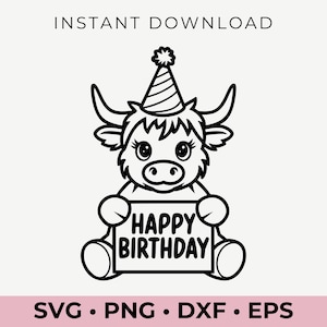 ハイランド牛のハッピーバースデー SVG、かわいい牛のクリップアート、農場の動物 PNG、誕生日カードのベクター、牛のパーティー Cricut カット ファイル、デジタル ダウンロード