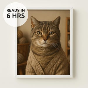 Knitting Cat Portrait | Custom Digital Pet Art with Sweater  Yarn | Cozy Gift for Crafters & Cat Lovers | Ready in 6 Hours