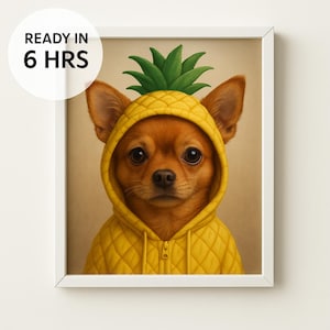 Pineapple Pet Portrait – Custom Digital Dog or Cat Art in Tropical Costume, Funny Summer Gift for Pet Lovers (Ready in 6 Hours)