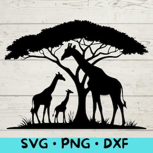 Giraffe Familie SVG Silhouette, Safari Wildtier-Szene, afrikanische Natur Vektor für Cricut und Laser Cut, digitaler Download
