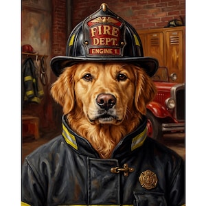Custom Firefighter Pet Portrait, Fireman Dog Painting, First Responder Gift, Personalized Hero Cat Art