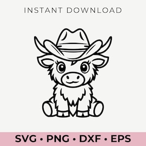 Cowboy Highland vache SVG, vache western PNG, Clipart animaux de ferme mignon, vache de campagne fichier Cricut, téléchargement numérique