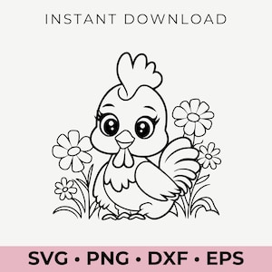 Poulet printanier avec fleurs SVG | Vecteur D'animaux De Ferme | Adorable clipart printanier pour Cricut | Design champêtre rustique