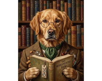 Custom Bookworm Reader Pet Portrait, Funny Personalized Dog or Cat Wall Art
