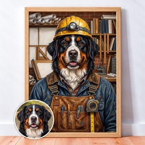 May include: A framed portrait of a Bernese Mountain Dog wearing a yellow hard hat and a brown leather work apron over a blue denim shirt. The dog is positioned in front of a brick wall with shelves containing blueprints, books, and tools.