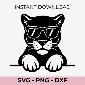 Pantera asomando SVG: clipart de pantera con gafas de sol para Cricut y Silhouette, archivo de corte divertido de gato grande, SVG, PNG y DXF