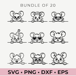 Glurenmuis, muis-svg, muis-svg-bundel, schattige muis met | Zonnebril| Boog | Bloem| Kerstmis | Hoed