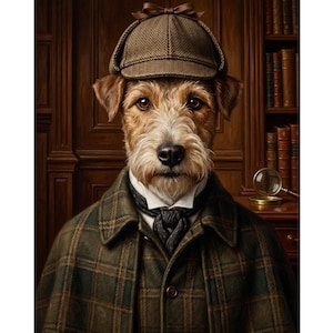 May include: A portrait of a wire-haired terrier dog wearing a brown herringbone deerstalker hat with a bow, a green plaid cape, a white collared shirt, and a black necktie. The dog has brown eyes and a tan and white coat with a textured appearance.