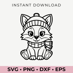 Renard d'hiver mignon SVG | Clipart animal des bois confortable | Adorable renard en bonnet et écharpe pour Cricut | Design d'hiver rustique