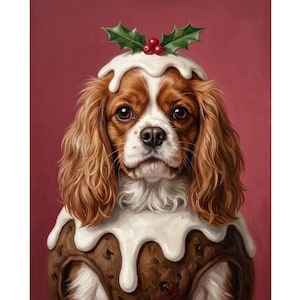 May include: A Cavalier King Charles Spaniel with brown and white fur, wearing a Christmas pudding costume topped with white icing and a sprig of holly with red berries, set against a solid dark red background in a digital illustration.