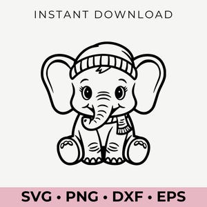Schattige winterolifant SVG | Gezellige dieren clipart | Schattige olifant met muts en sjaal voor Cricut | Rustiek winterontwerp
