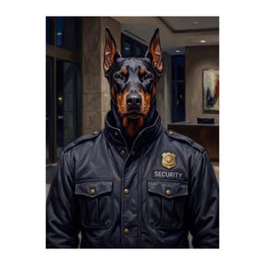 Puede incluir: Retrato artístico de un Doberman Pinscher con una chaqueta de seguridad de cuero negro con una insignia dorada y la palabra "SECURITY". El perro tiene un pelaje negro y marrón, sobre un fondo interior borroso.