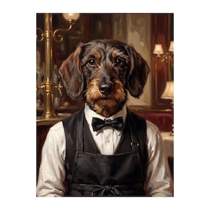 May include: A digital painting of a dachshund wearing a white shirt, black bow tie, and black apron. The dog has brown and black fur and a serious expression. The background is a dimly lit restaurant.