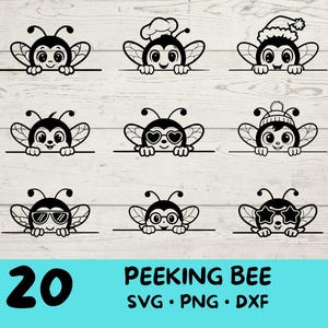 Spähende Biene, Bienensugs-Svg, Bienen-Svg-Bundle, süße Biene mit | Sonnenbrille | Bogen | Blume| Weihnachten | Mütze