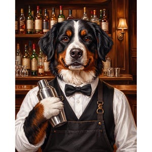Könnte beinhalten: Ein Berner Sennenhund als Barkeeper verkleidet, trägt ein weißes Hemd, eine schwarze Fliege und eine schwarze Schürze. Der Hund hält einen silbernen Cocktailshaker aus Metall in einer Pfote vor einer hölzernen Bar mit verschiedenen Flaschen.