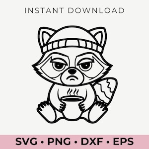 Raton laveur grincheux SVG | Clipart drôle de raton laveur de café | Conception numérique Angry Raccoon pour Cricut, Silhouette, chemises, tasses et travaux manuels