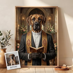 May include: A framed portrait of a dog dressed as a priest, holding a book. The dog has brown and tan fur and is wearing a black suit with a white collar and a gold and red stole. The background is a church interior with flowers and candles.