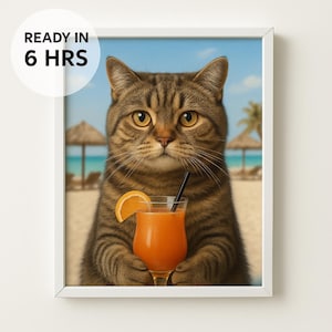 Beach Drink Cat Portrait | Custom Pet Portrait | Custom Dog Portrait | Custom Cat Portrait | Summer Gift | Tropical Decor