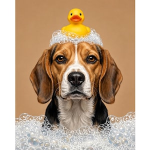 May include: A beagle dog with brown, black, and white fur is covered in white soap bubbles. A small, bright yellow rubber duck sits on top of the dog's head, nestled within the foam. The dog has a serious expression and is looking forward.