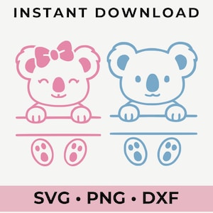 Fichiers Svg Png Dxf Koala monogramme mignon pour créations bébé | Clipart Koala fille et garçon pour Cricut Silhouette | Fichiers découpés pour animaux de pépinière