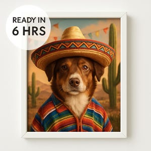 Retrato de animal de estimação para o Cinco de Mayo – Arte digital personalizada do seu cão ou gato com sombrero | Presente de aniversário para animais de estimação | Pronto em 6 horas