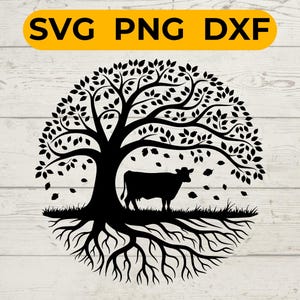 Vaca y árbol de la vida SVG, silueta de animal de granja, escena de bosque rústico para Cricut y corte láser, descarga de vectores digitales