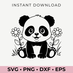 Lentepanda SVG | Schattige panda-clipart voor Cricut, schattig dierlijk bloemdessin, kunst aan de muur kinderkamer, digitaal knutselbestand
