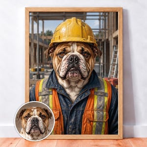 Puede incluir: Un retrato enmarcado de un bulldog con casco de obra amarillo y chaleco de seguridad naranja de alta visibilidad sobre una chaqueta azul oscuro, con un fondo de construcción y un recuadro circular con la cara del bulldog.