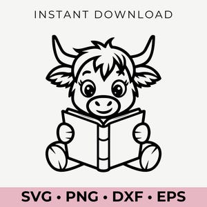 Highland Cow Reading SVG, Carino amante dei libri PNG, Clipart mucca bibliotecaria, File Cricut insegnante, Vettore mucca kawaii, Download digitale