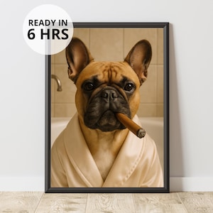 Custom Bathroom Pet Portrait, Funny Pet in Robe With Cigar, Digital Download