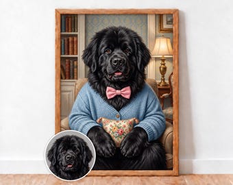 May include: A framed portrait of a black Newfoundland dog wearing a light blue button-up cardigan and a pink bow tie, sitting in a chair and holding a small floral patterned pillow. A circular inset shows a close-up of the dog's face.