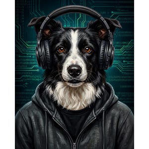 Könnte beinhalten: Ein schwarz-weißer Border Collie mit schwarzem Over-Ear-Kopfhörer und einem dunkelgrauen Kapuzenpullover mit Reißverschluss. Der Hintergrund zeigt ein digitales Muster aus leuchtend grünen Leiterbahnen und Binärcode auf dunkelblauem Grund.