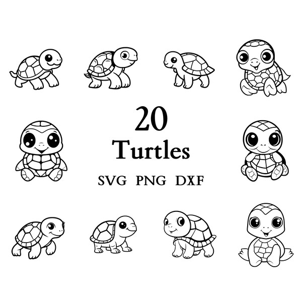 Lot Svg tortue, Svg tortue, fichiers découpés pour gravure Cricut et laser, 20 fichiers Svg, Png et Dxf combinés dans un seul lot !