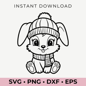 Adorabile coniglietto invernale SVG / Coniglio accogliente con sciarpa e cappello Clipart / Carino design di animali per progetti e artigianato Cricut