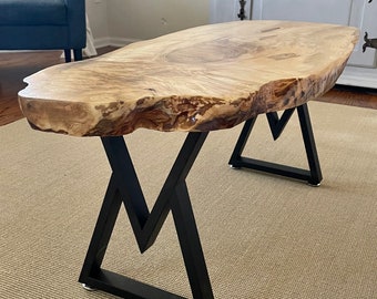 Live Edge Wood coffee  or entry table  - 43" long  x 19 " deep x 1.75 " thick w/ Black “V” design or  Hairpin Black Steel legs, you choose