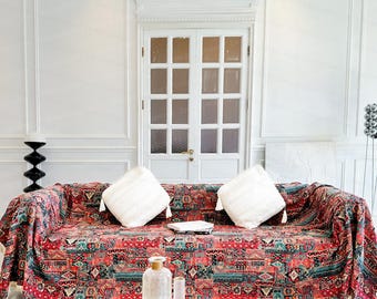 Boho Couch Cover, Large Size Cotton Sofa Cover, Sofa Covers Bohemian, Red Retro Blanket, Anti-slip Sofa Towel, Table/Bed/Chair Cover Blanket