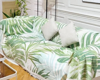 Jeté de canapé feuille verte, housses de canapé de ferme, couverture en coton grande taille, serviette de canapé antidérapante bohème, housse de table/lit/chaise, cadeau