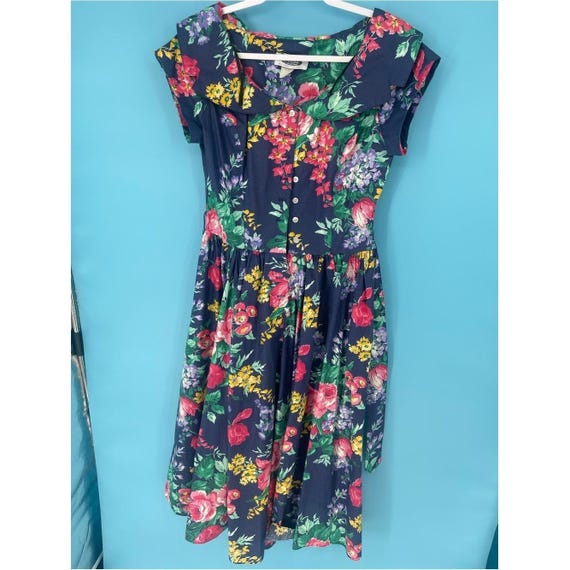 Floral Navy Midi Dress with Button Front - Unbranded