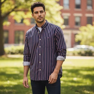 Bugle Boy Dress Shirt Mens L Blue, Red White Striped Casual Long Sleeve