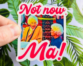 Könnte beinhalten: Ein weißer Aufkleber mit rosa Rand, der eine Szene aus den Golden Girls zeigt. Der Aufkleber trägt den Text "Not now, Ma!" in rosa Schrift. Das Bild zeigt zwei Frauen in einer Szene aus der Serie.