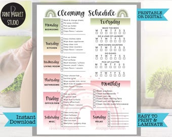 May include: Printable cleaning schedule checklist with rainbow accents. The checklist includes daily, weekly, and monthly cleaning tasks for different areas of the home, such as bedrooms, kitchen, living room, bathrooms, office/den, and miscellaneous tasks. The checklist is designed to be easy to print and laminate.
