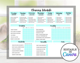 May include: A printable cleaning schedule with a light blue and white color scheme. The schedule is divided into daily, weekly, monthly, quarterly, and annual tasks. The days of the week are listed across the top, and the tasks are listed down the side. The schedule is editable in Canva.