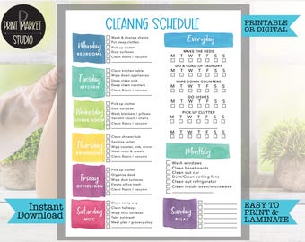 May include: A printable cleaning schedule checklist with watercolor backgrounds. The checklist is divided into daily, weekly, and monthly tasks. The days of the week are listed in a column on the left side of the page, with corresponding cleaning tasks listed next to each day. The right side of the page lists the daily, weekly, and monthly tasks. The tasks are organized by category, such as "Make the Beds", "Do a Load of Laundry", "Wipe Down Counters", "Do Dishes", "Pick Up Clutter", "Wash Windows", "Clean Baseboards", "Clean Out Car", "Dust/Clean Ceiling Fans", "Clean Out Refrigerator", "Clean Inside Oven/Microwave", and "Relax".