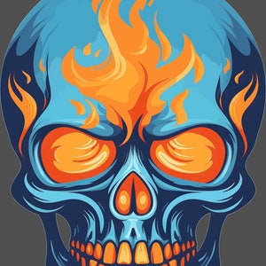 May include: A blue skull with orange flames on top of its head. The skull has orange eyes and teeth.